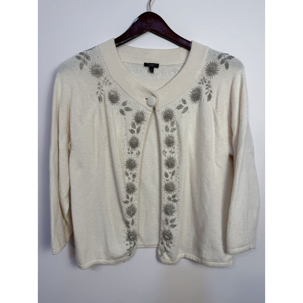 Talbots Sweater Top Button Cream‎ Ivory Beaded Lambswool Angora Size L
